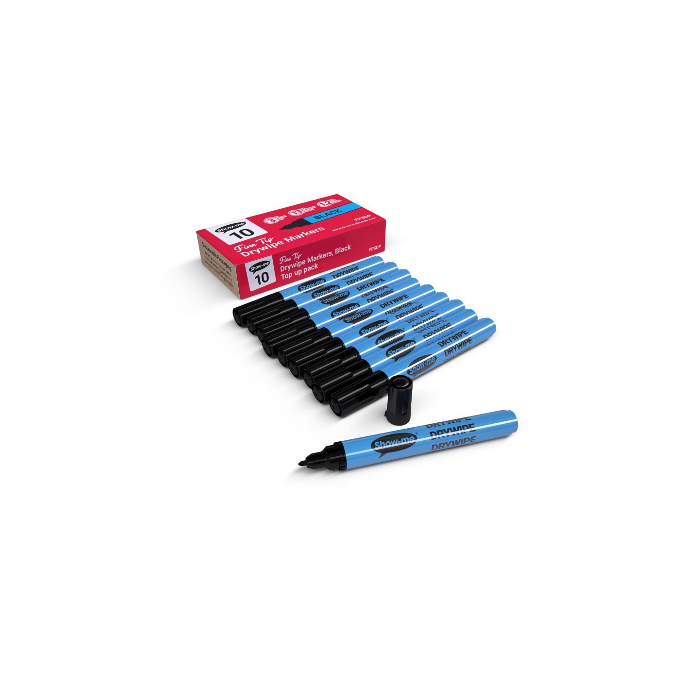 Show-me® Fine Tip Slim Barrel Dry Erase Markers, Black, Box of 10