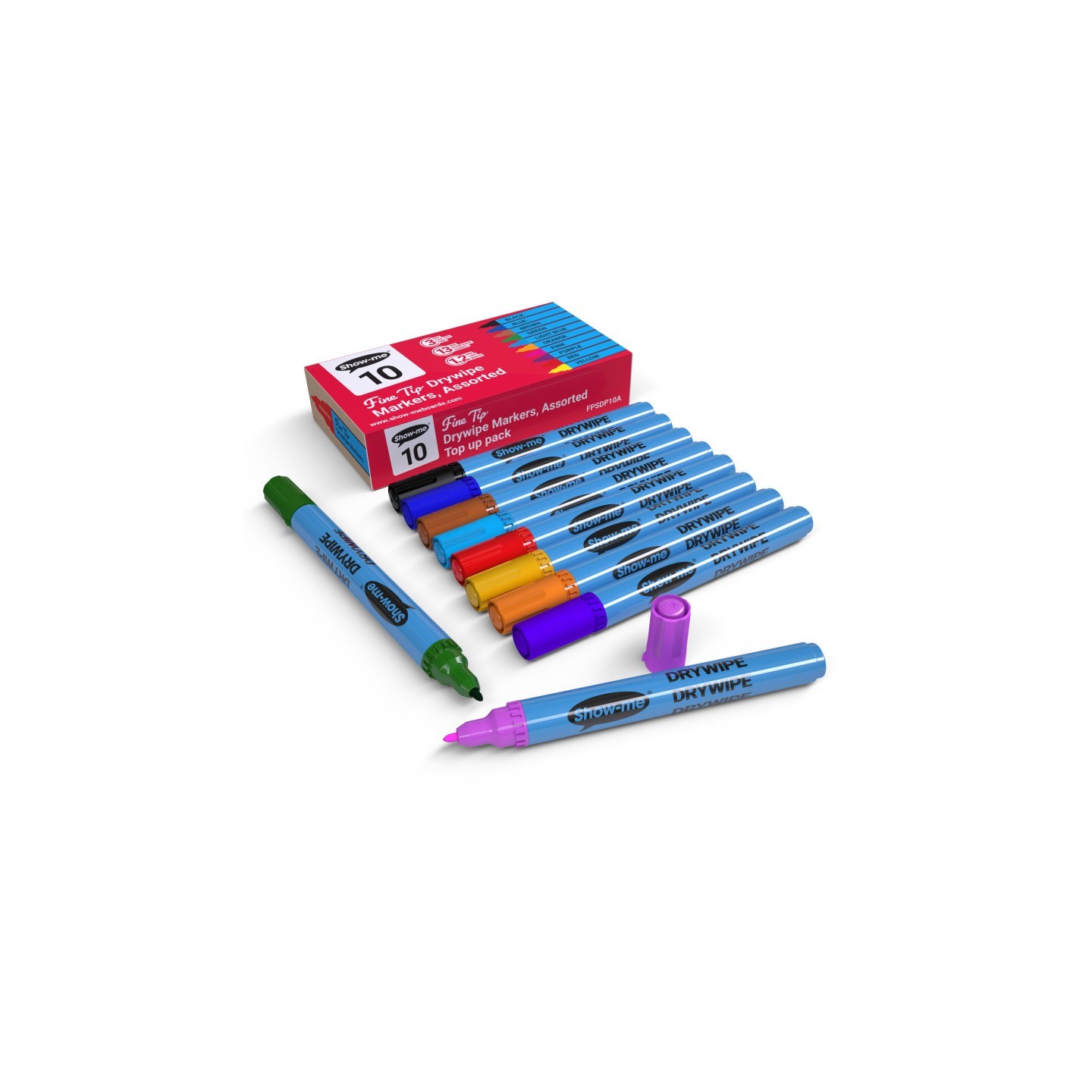 Show-me® Fine Tip Slim Barrel Dry Erase Markers, Assorted Colors, Box of 10