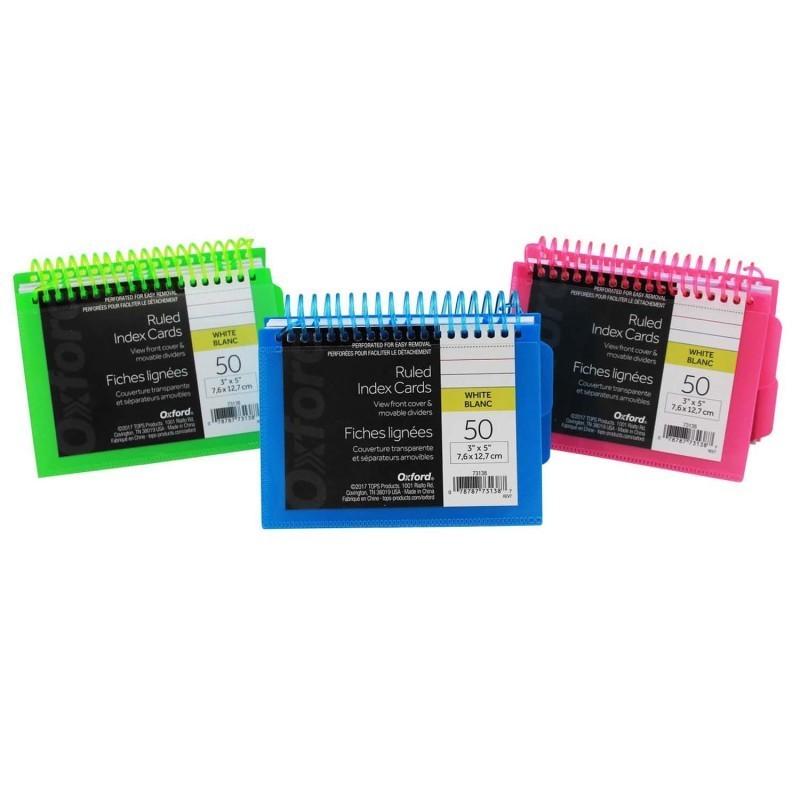 Oxford® Spiral Index Cards with Poly Covers, 3" x 5", Assorted