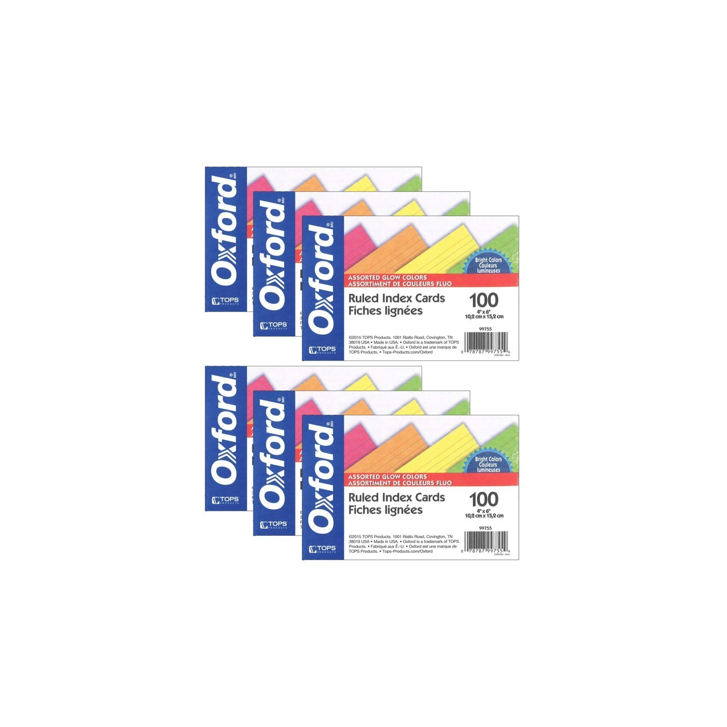 Oxford® Glow Index Cards, 4" x 6", 100 Per Pack, 6 Packs