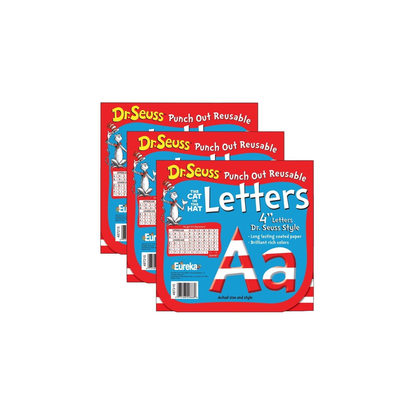 Eureka® Dr. Seuss™ Stripes Reusable Punch Out Deco Letters, 4", 217 Pieces Per Pack, 3 Packs
